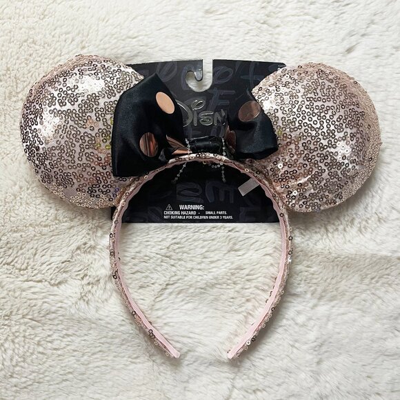Disney Rose Gold Sequins Black Satin Polka Dot Bow Minnie Mouse Ears NWT - Picture 1 of 5